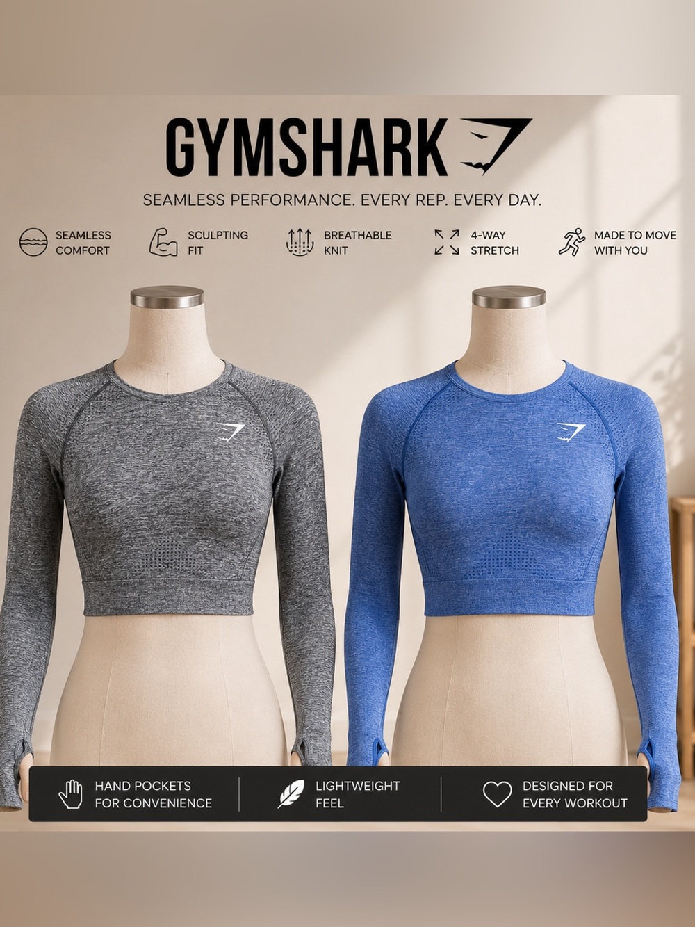 Gymshark Seamless Long Sleeve Crop Tops - Blue & Gray